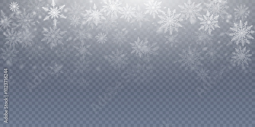 Christmas cold blizzard effect with snow. Vector texture Cold winter wind with snowflakes on transparent background.