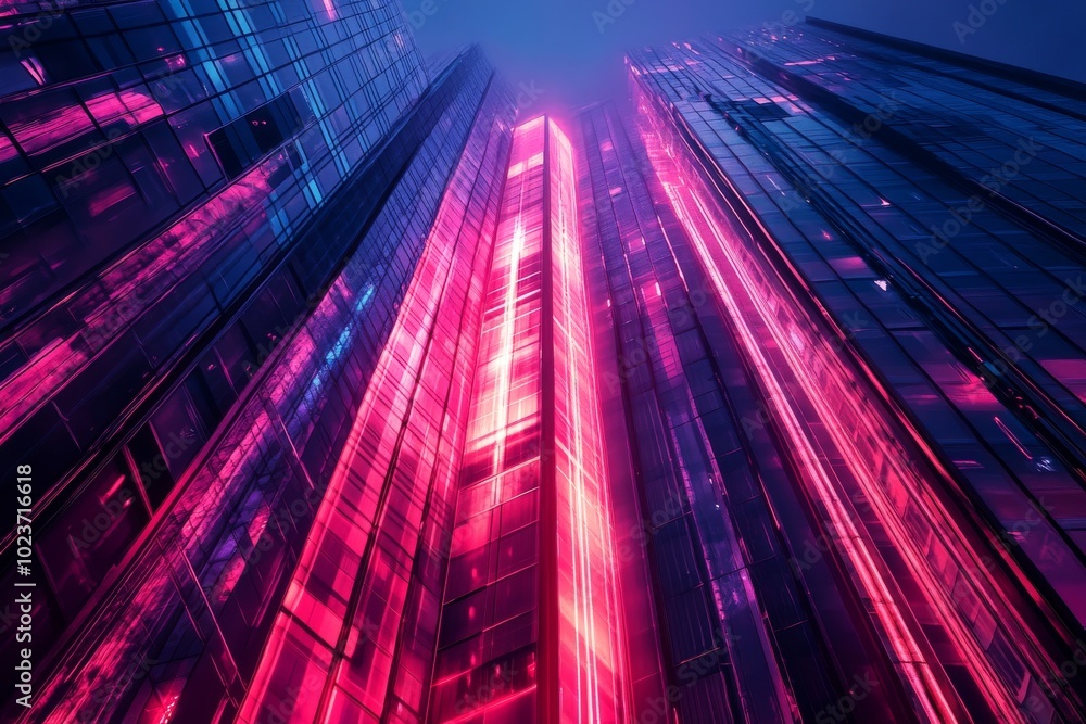 Creative depiction of a synthwave skyscraper with double exposure, showcasing dynamic patterns and neon lights. Creative depiction of a synthwave skyscraper with double exposure, showcasing dynamic patterns and neon lights.