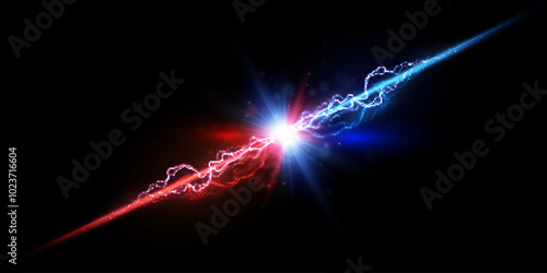 The effect of light energy confrontation and collision with lightning and flashes. Abstract light effect. Vector