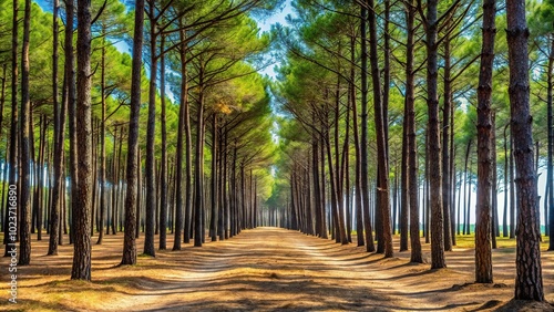 Symmetrical forest massif at Carcans Plage pine forest near Lacanau on the French Atlantic coast photo