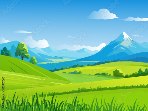 Green summer landscape. Beautiful natural panorama in summer and spring season. Cliff and hill near tree and bushes. Meadow and countryside lawn. Cartoon Flat vector illustration