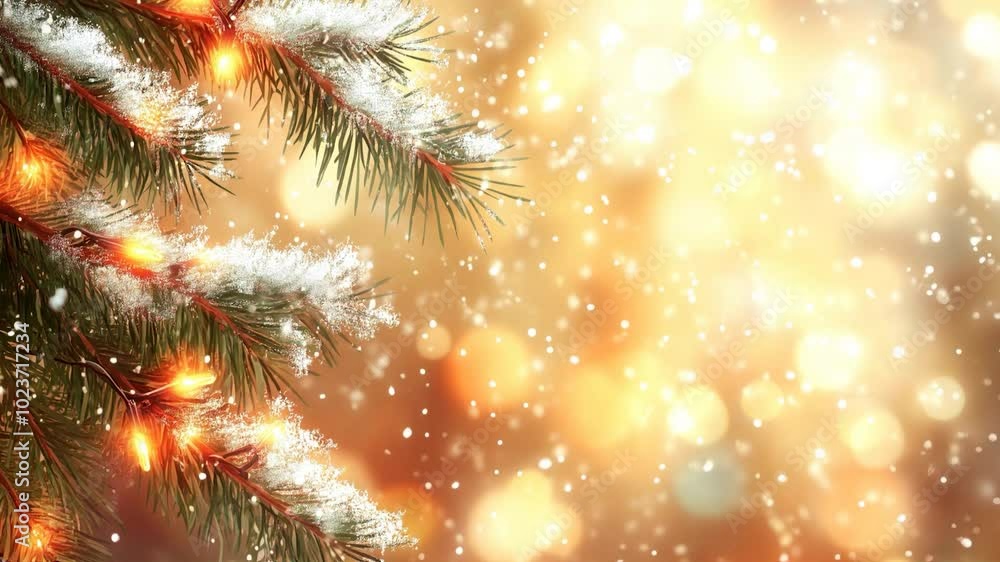 Snow-covered Christmas tree branches glow with warm orange lights, set against a dreamy bokeh background of golden tones, capturing the magic of a winter holiday. Video made using Generative AI Snow-covered Christmas tree branches glow with warm orange lights, set against a dreamy bokeh background of golden tones, capturing the magic of a winter holiday. Video made using Generative AI