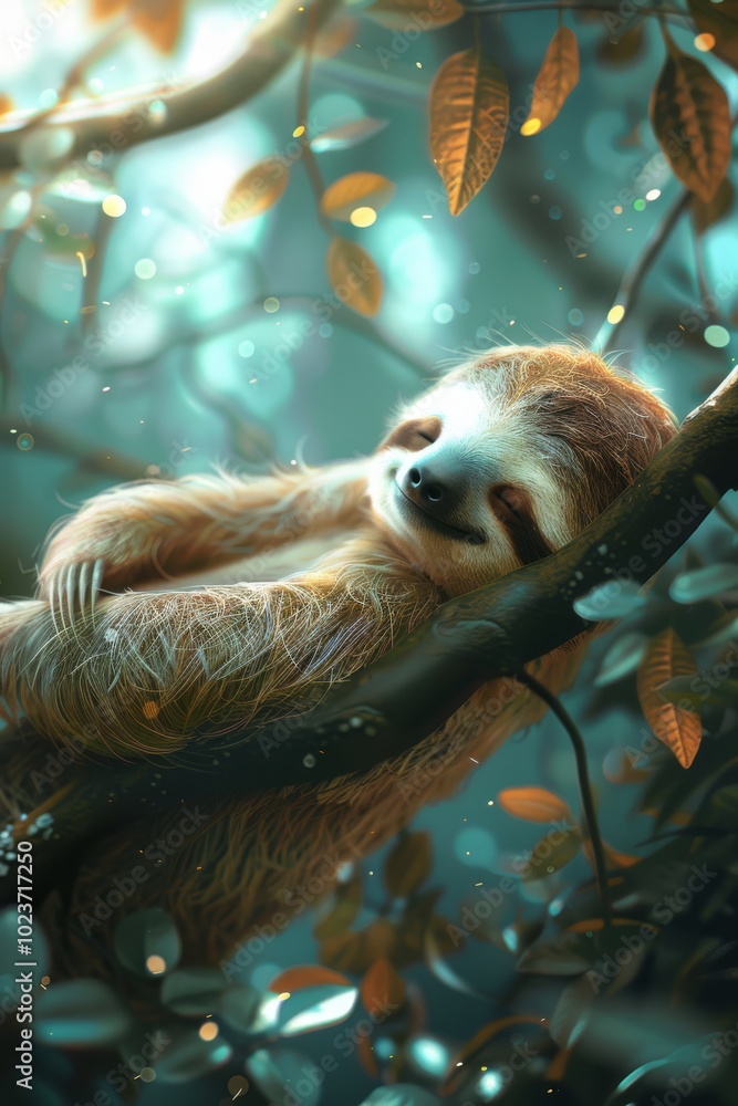 Fototapeta premium A serene sloth peacefully resting on a tree branch in an enchanted forest with glowing leaves and a dreamy atmosphere.