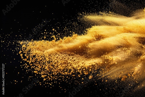 Golden sand explosion on black background. Yellow sand cloud. photo