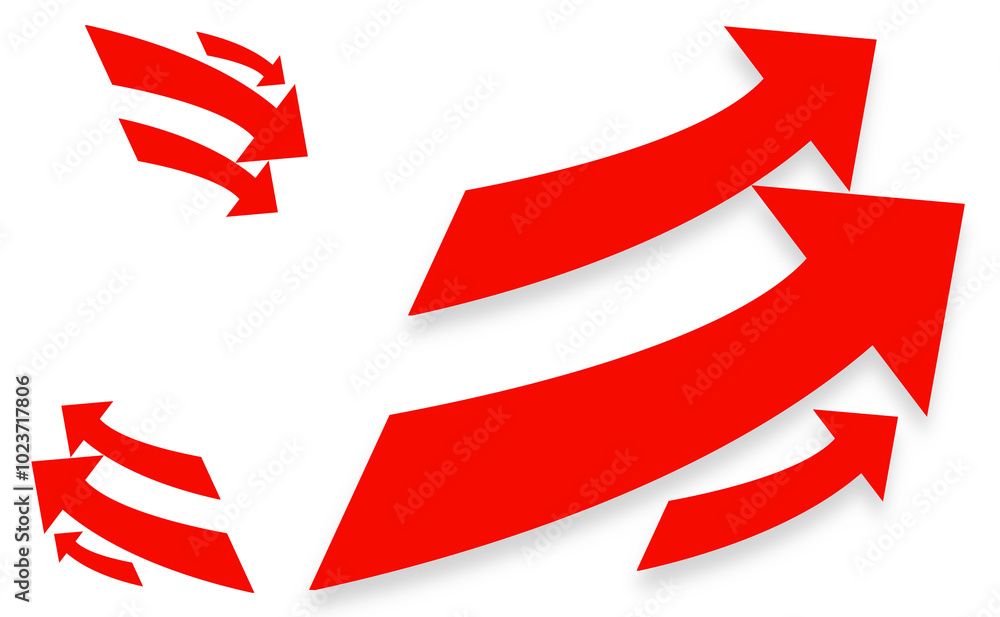 red arrows upwards and downwards, red as warning or crisis and solution or worst case and critics red arrows upwards and downwards, red as warning or crisis and solution or worst case and critics