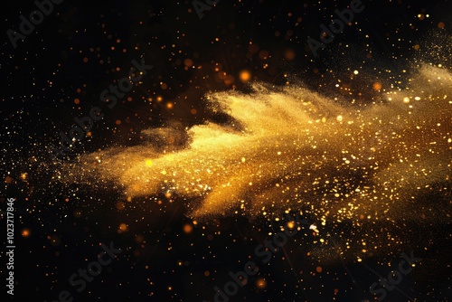 Small sand explosion creates abstract golden wave in galaxy.