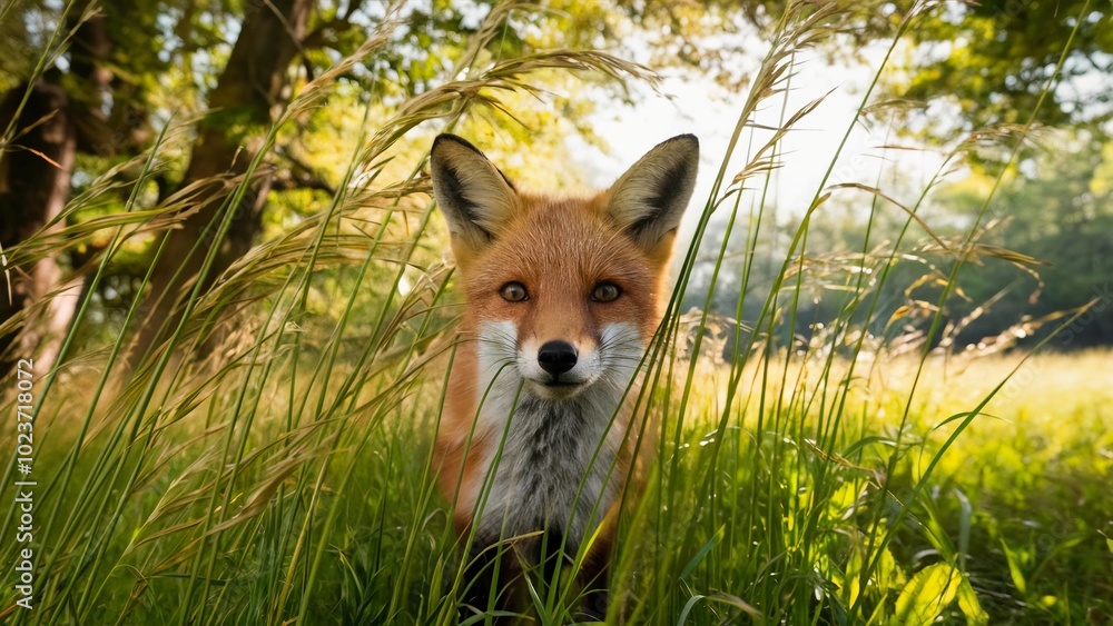 Close-up of a red fox peeking woodland tall grass dappled sunlight wildlife animal nature outdoor forest
Close-up of a red fox peeking woodland tall grass dappled sunlight wildlife animal nature outdoor forest