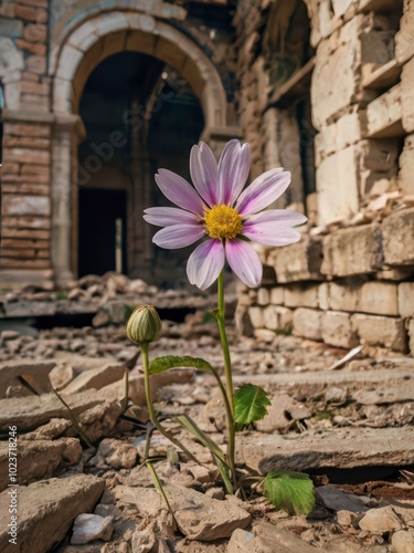 A beautiful flower on the ruins of a building photo