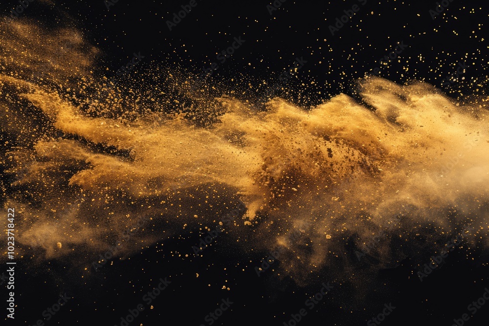 Golden sand cloud explodes in freeze stop motion. Golden sand cloud explodes in freeze stop motion.