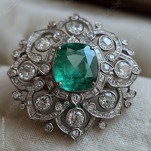 Intricate silver brooch adorned with emerald gemstones, sparkling against a soft white background. photo