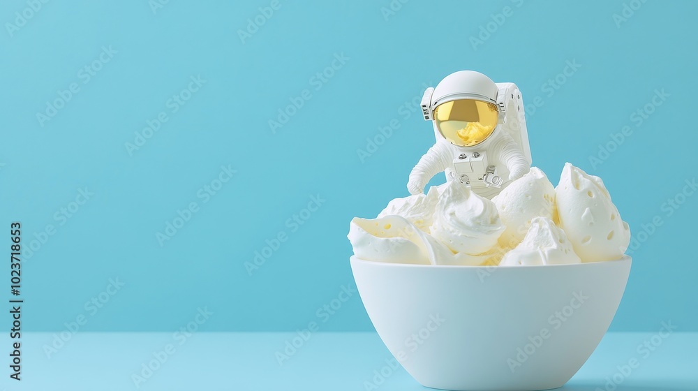 Astronaut figurine exploring a whimsical mound of whipped cream in a light blue setting during daytime Astronaut figurine exploring a whimsical mound of whipped cream in a light blue setting during daytime