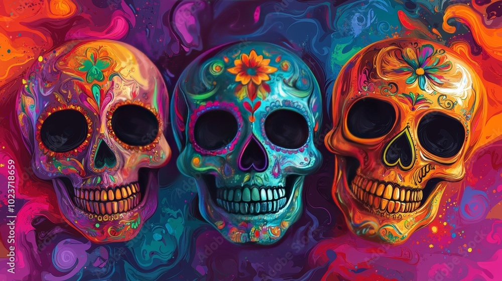 Three intricately decorated Day of the Dead skulls with vibrant colors and floral patterns on a swirling abstract background. Three intricately decorated Day of the Dead skulls with vibrant colors and floral patterns on a swirling abstract background.
