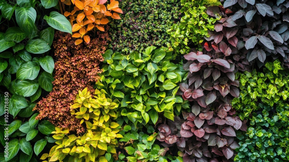 A close-up of a vertical garden filled with a variety of colorful plants and rich foliage, creating a living wall. A close-up of a vertical garden filled with a variety of colorful plants and rich foliage, creating a living wall.
