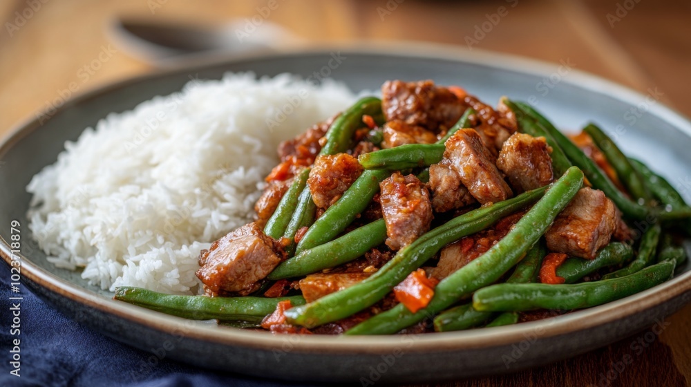 Delicious Stir-fried Pork with Green Beans and Rice Delicious Stir-fried Pork with Green Beans and Rice
