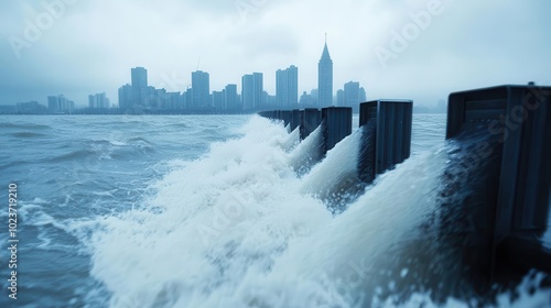 Conceptual image of storm surge barriers in action, preventing floodwaters from inundating a city, Storm Surge Barriers, Flood Protection