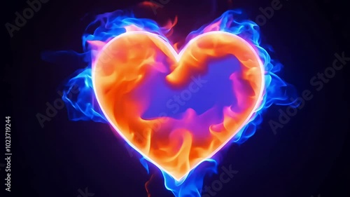 Fiery heart with vibrant blue flames on a dark background