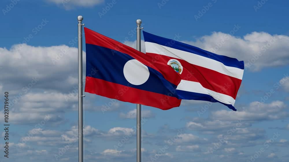 Costa Rico and Laos flags flying together, video concept of the relationship, two country cooperation concept Costa Rico and Laos flags flying together, video concept of the relationship, two country cooperation concept
