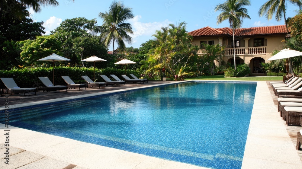 A swimming pool with clean, inviting water, framed by lounge chairs and palm trees in a tranquil environment. A swimming pool with clean, inviting water, framed by lounge chairs and palm trees in a tranquil environment.