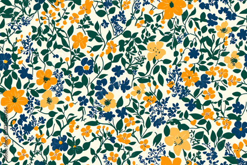Seamless pattern in ditsy style. Seamless floral pattern in green, blue and orange colors.