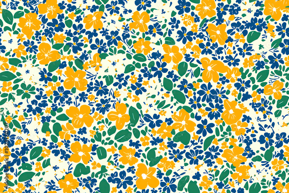 Seamless pattern in ditsy style. Seamless floral pattern in green, blue and orange colors. Seamless pattern in ditsy style. Seamless floral pattern in green, blue and orange colors.