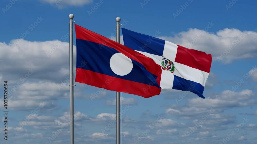 Dominican Republic and Laos flags flying together, video concept of the relationship, two country relations concept Dominican Republic and Laos flags flying together, video concept of the relationship, two country relations concept