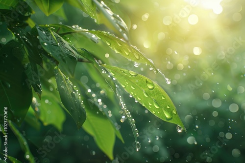 Morning dew on leaves in nature green tones background.