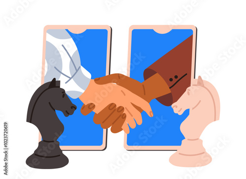 Handshake and business relationship. People shake hands on smartphone screen near chess pieces. Teamwork and partnership. Flat vector illustration isolated on white background