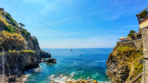 Cinque Terre, Liguria, Italy - August 5th 2024: View of the sea and rocks on the Ligurian Sea in Cinque Terre photo