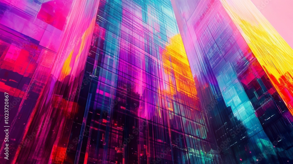 Double exposure image of a futuristic skyscraper, featuring vibrant neon and abstract urban elements. Double exposure image of a futuristic skyscraper, featuring vibrant neon and abstract urban elements.