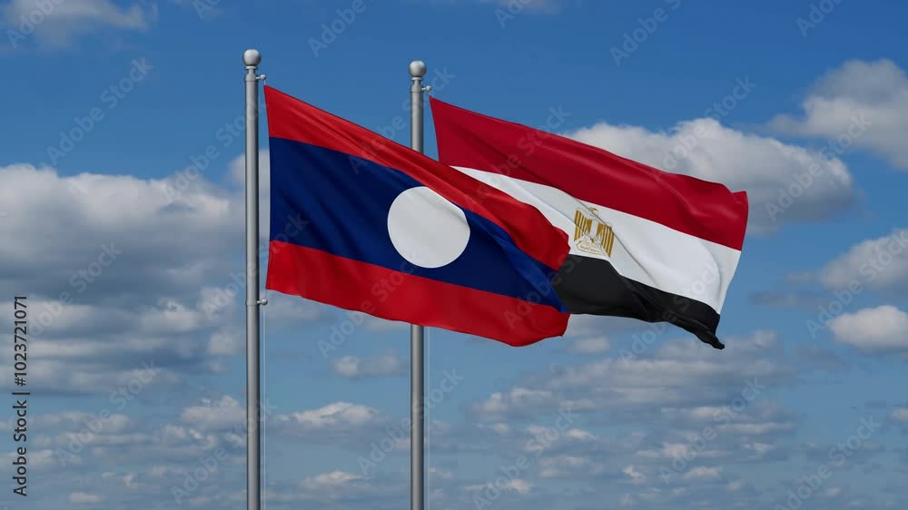Egypt and Laos flags flying together, video concept of the relationship, two country relations concept Egypt and Laos flags flying together, video concept of the relationship, two country relations concept