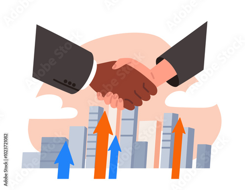 Handshake and business relationship. People shake hands near buildings. Entrepreneur and investor enter into real estate deal. Flat vector illustration isolated on white background