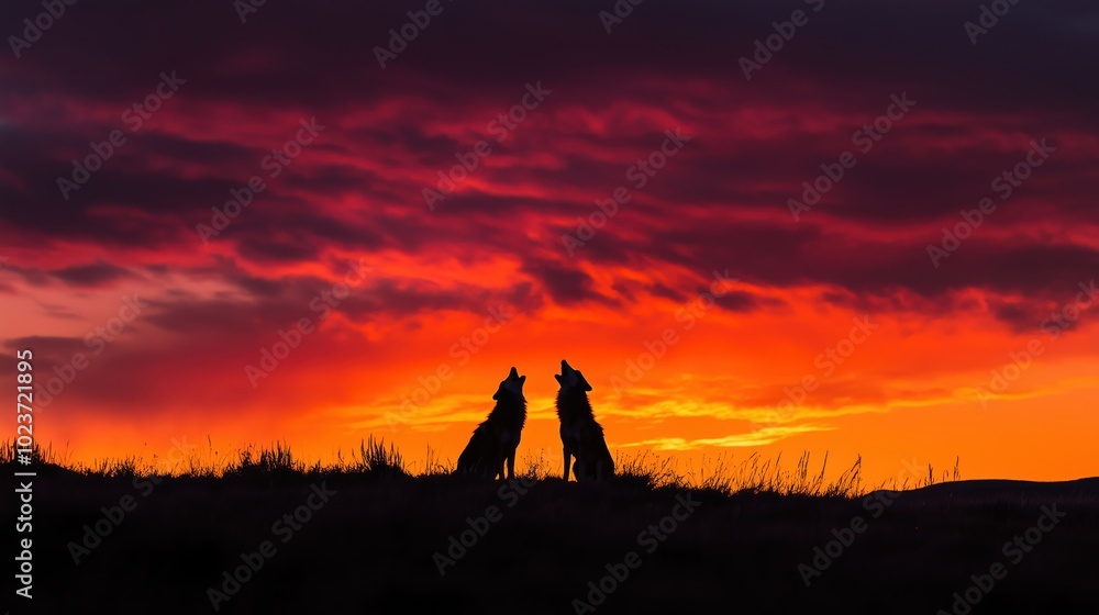 Fototapeta premium Wolves Howling at Sunset, Wildlife in Nature Scene, Silhouetted Wolves Against Golden Sky, Wolf Pack at Dusk, Wild Animals Howling, Majestic Nature Landscape, Predators in the Wild, Dramatic Evening S
