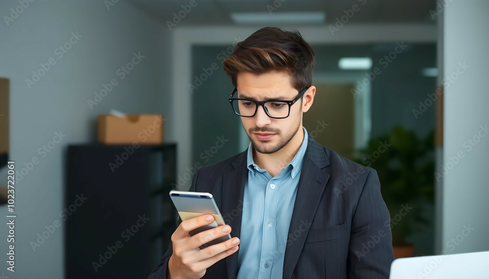 Executive Checking Messages on Mobile Phone in the Office Executive Checking Messages on Mobile Phone in the Office