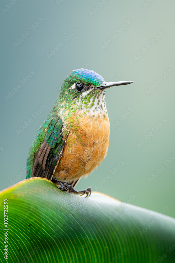 Obraz premium Female Long-tailed sylph hummingbird photographed in Bucaramanga, Santander, Colombia. The long-tailed sylph (Aglaiocercus kingii) is a species of hummingbird in the 
