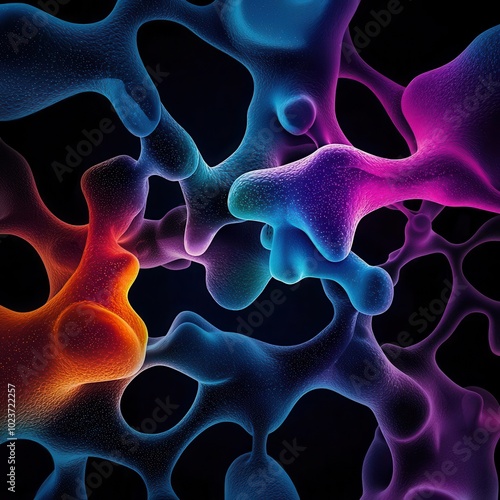 Microscopic view of cancerous cells invading bone tissue, glowing in vibrant colors, Cancer Cells, Bone Tissue
