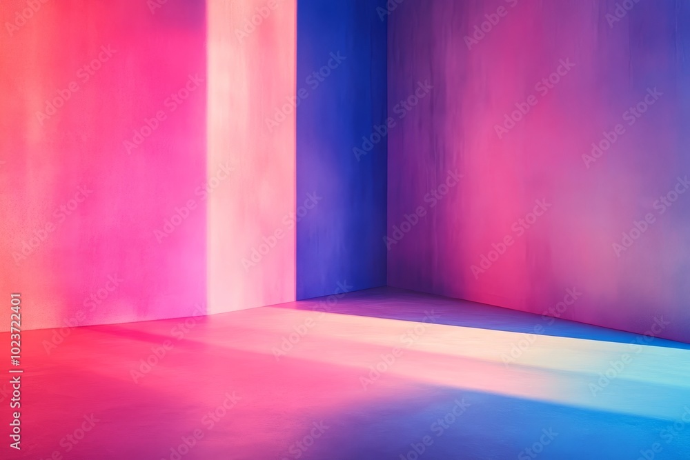 A modern minimalist room featuring vibrant gradient lighting creating a colorful and abstract interior design. A modern minimalist room featuring vibrant gradient lighting creating a colorful and abstract interior design.