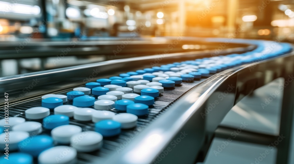 Blue and white pills moving along a conveyor belt in a pharmaceutical factory, precise industrial setting Blue and white pills moving along a conveyor belt in a pharmaceutical factory, precise industrial setting