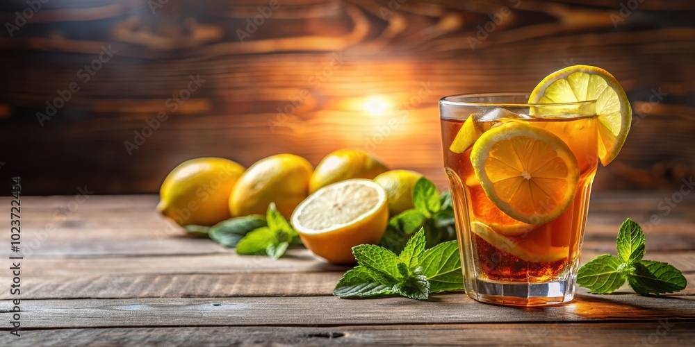 Ice tea with a slice of lemon on a wooden table , refreshing, summer drink, cold beverage, iced tea Ice tea with a slice of lemon on a wooden table , refreshing, summer drink, cold beverage, iced tea