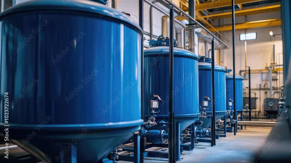 Detailed view of blue tanks with complex piping and control systems in a high-tech industrial facility. No people. Detailed view of blue tanks with complex piping and control systems in a high-tech industrial facility. No people.