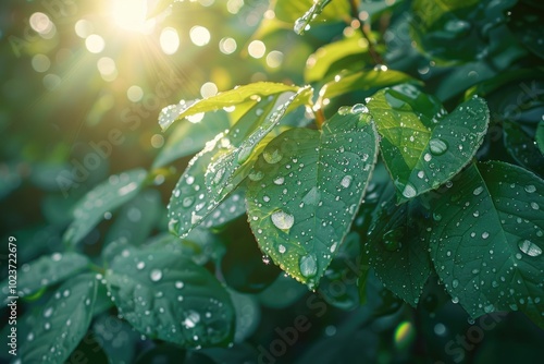 Wallpaper Mural Morning dew on leaves in nature  green tones background. Torontodigital.ca