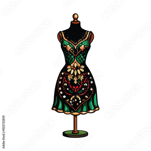 A detailed illustration of a designer dress with intricate beading displayed on a mannequin.