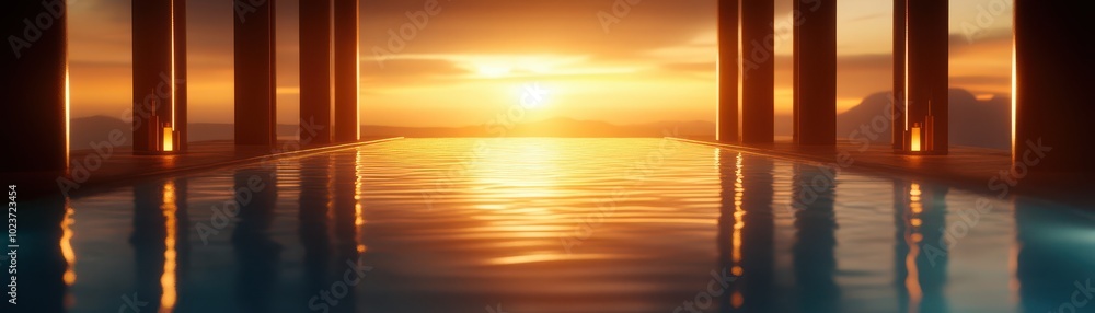 Stunning sunset view over calm water, illuminated by golden light, reflecting serene tranquility. Stunning sunset view over calm water, illuminated by golden light, reflecting serene tranquility.