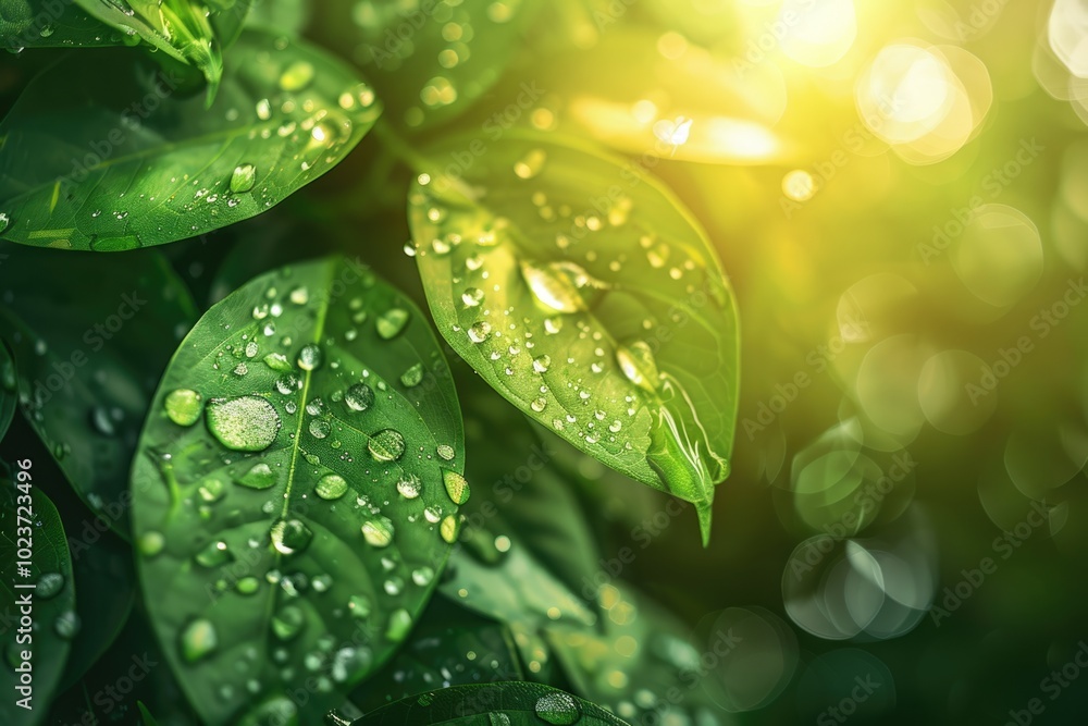 Morning dew on leaves in nature green tones background. Morning dew on leaves in nature green tones background.