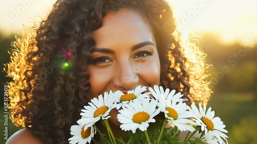 Smiling woman holding a bouquet of daisies in the sunlight