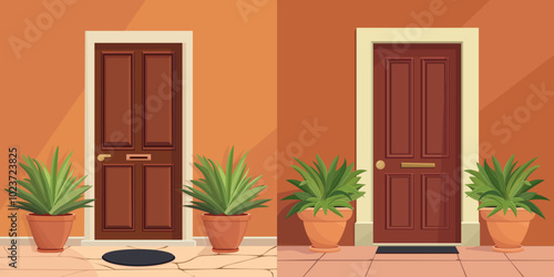 Front door with two pots with plants. Cartoon house illustration