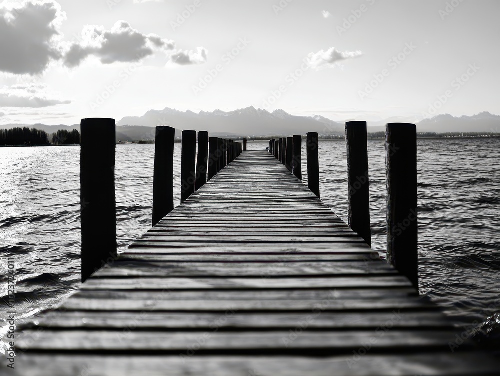 Fototapeta premium A serene wooden pier extending into calm waters under a cloudy sky, captured in black and white.