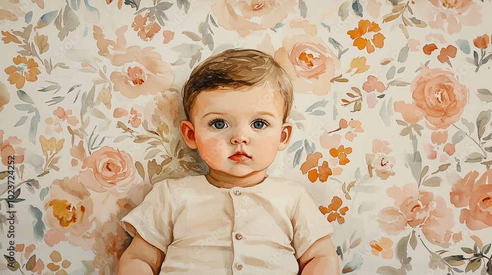 Fototapeta premium Charming portrait of a baby seated against a floral backdrop, showcasing innocence and serenity in a lovely composition.