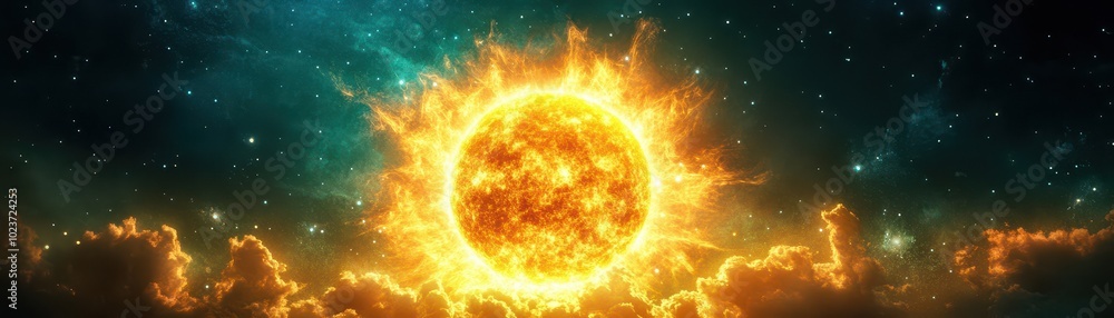 Bright sun shining in the night sky, surrounded by stars and cosmic elements. Bright sun shining in the night sky, surrounded by stars and cosmic elements.