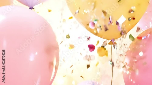 Festive balloons and confetti floating in the air during a celebration