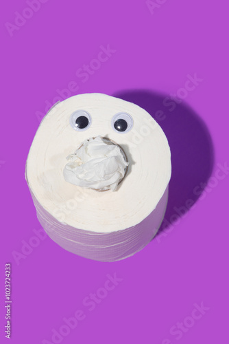 Toilet paper roll with funny face on purple background photo